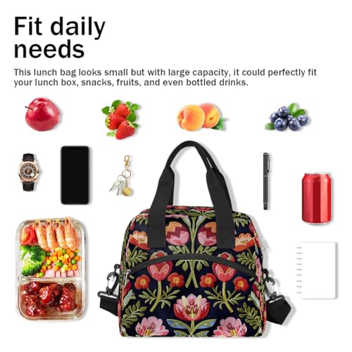 Red Flower Floral Insulated Lunch Bag for Women Girl Reusable Lunch Tote Box With Shoulder Strap Lightweight Thermal Cooler Meal Prep Bag for Work School Office Picnic (A05:flower)