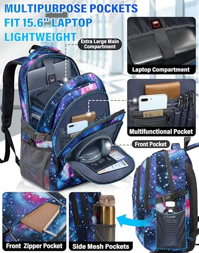 Galaxy Backpack Bookbag for College Sturdy Travel Business Hiking Fit Laptop Up to 15.6 Inch Multi Compartment Gifts for Men Women Night Light Reflective