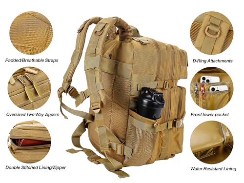 Military Tactical Backpack for Men and Women 45L Army 3 Days Assault Pack Bag Large Rucksack with Molle System Khaki