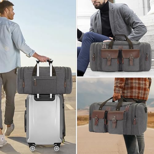 Canvas Duffle Bag for Men 50L Travel Duffel Bags Expandable Genuine Leather Duffel Overnight Weekender Carry On Bag Two Zipper Pockets Travel Bag