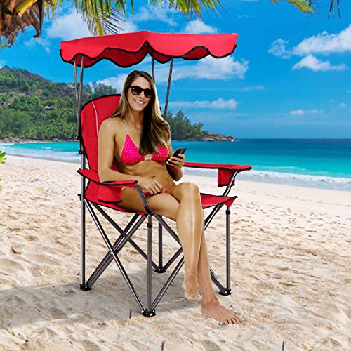 Canopy Chair Portable Folding Beach Pool Chair Lawn Chair with Canopy Two Cup Holders and Carry Bag