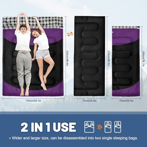 Double Sleeping Bag for Adults Machine Washable 2 Person Camping Sleeping Bag Queen Size Waterproof with Compression Sack for Cold Weather 3