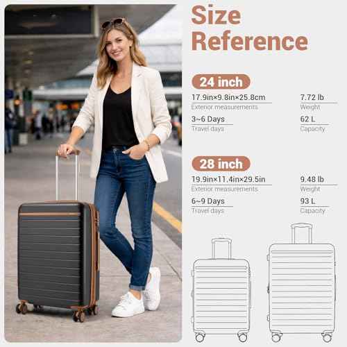 Large Suitcase 28in Expandable ABS+PC 8pcs Silent Wheels Black