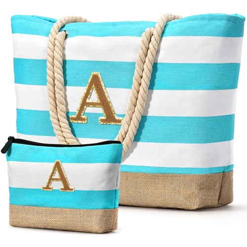 Beach Bag Initial Beach Tote with Makeup Bag for Travel