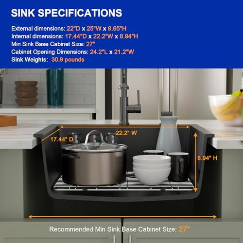 25" Quartz Sink Drop In Wet Bar Sink Black Prep Kitchen Sink Topmount Deep Single Bowl