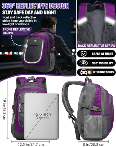 Backpack Bookbag for College Sturdy Travel Business Hiking Fit Laptop Up to 15.6 Inch Multi Compartment Gifts for Men Women Night Light Reflective