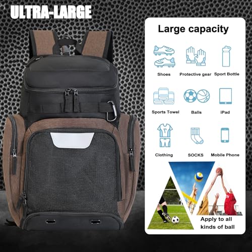 Large Basketball Backpack Sports Gym Bag with Ball Holder Ventilated Shoe Compartment Insulated Cooler Pockets Reflective Strips Fence Hook for Men Athletic Training