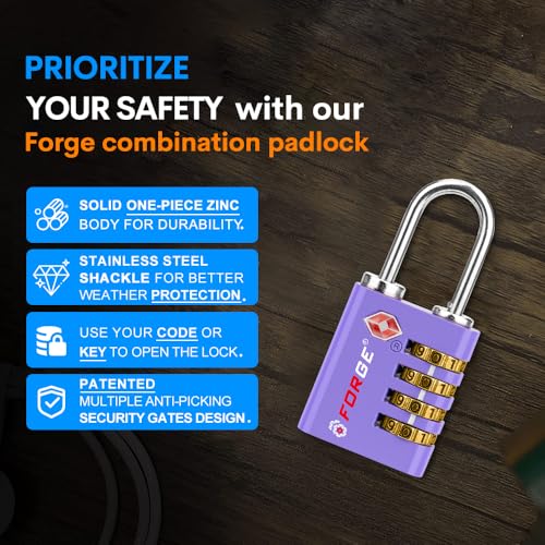 Dual-Opening: Key or Combination Access Lock, TSA Approved Locks for Luggage, Pelican case, Travel, Gym, School, Stainless Steel Shackle. (Purple, 2 Pk) (2 Count)