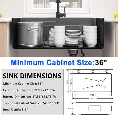 29.5 x 17.7 x 9 Inch 16 Gauge Black T304 Kitchen Sink Workstation