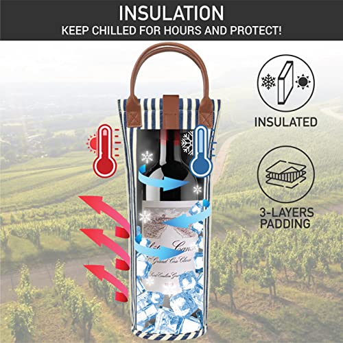 Single Bottle Wine Bag Carrier Insulated Wine Cooler Tote Stripe Navy