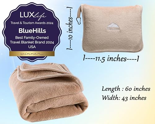 Premium Soft Travel Blanket Pillow Airplane Throws Packable Beige