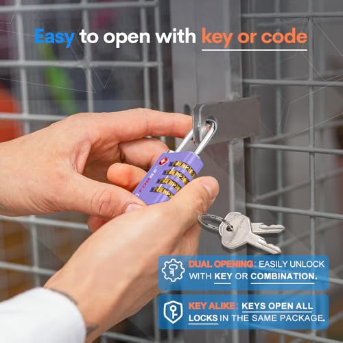 Dual-Opening: Key or Combination Access Lock, TSA Approved Locks for Luggage, Pelican case, Travel, Gym, School, Stainless Steel Shackle. (Purple, 2 Pk) (2 Count)