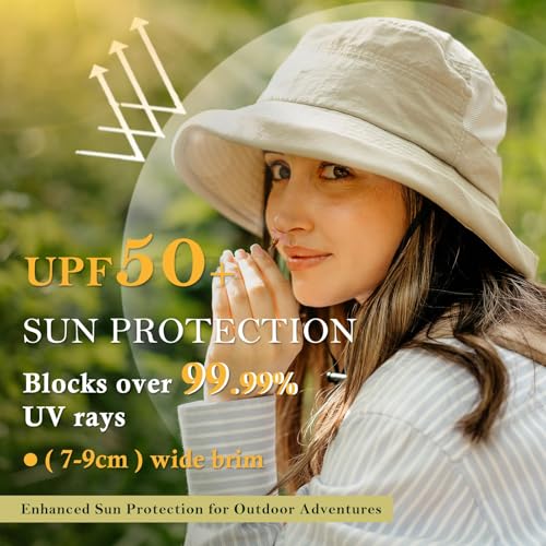 Sun Hats Women Wide Brim UV Protection UPF 50 with Ponytail Hole Foldable Bucket Hat for Summer Travel Outdoor Camping Gardening Waterproof Lightweight and Breathable Cream Beige M
