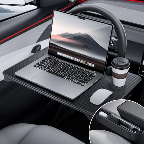 2-in-1 Car Steering Wheel Desk Tray & Car Seat Gap Filler Organizer – Foldable Carbon Fiber Look Table for Laptop, Eating Food, Writing – for Standard Round Steering Wheels