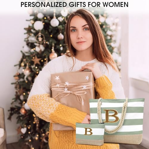 Beach Bag Initial Beach Tote with Makeup Bag for Travel Work Storage Personalized Birthday Gifts for Women Her