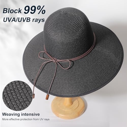 Womens Sun Straw Hat Bowknot Hat Summer Wide Brim Bucket Hats Foldable Beach Sun Hats Roll up UPF 50+