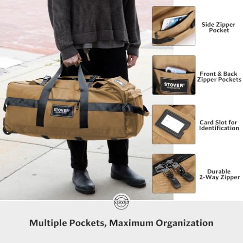45/80/100L Rolling Duffel Bag with Wheels, Large Durable Travel Duffle + Toiletry Bag, Heavy Duty, Packable, Foldable with Shoulder Straps- Use as Luggage or Backpack, Men/Women (Tan)