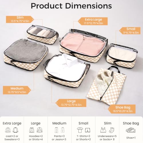 4 Set/6 Set/8 Set Compression Packing Cubes Travel Accessories Expandable Packing Organizers (Half Mesh, 6-Khaki Checkered) (6 Count)