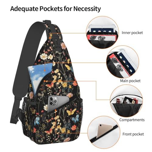 Sling Bag Wildflower Botanical Butterfly Flower Hiking Daypack Crossbody Shoulder Backpack Travel Chest Pack for Men Women