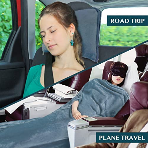 Compact 2-in-1 Travel Blanket Pillow for Airplane Flight, Blue