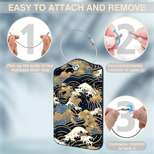 Japanese Art Blue and White Waves Set of 2 Luggage Tags for Suitcases Leather Suitcase Tags Identifiers with Privacy Name Label and Stainless Steel Loop for Women Men Travel Luggage Accessories (2 Count)