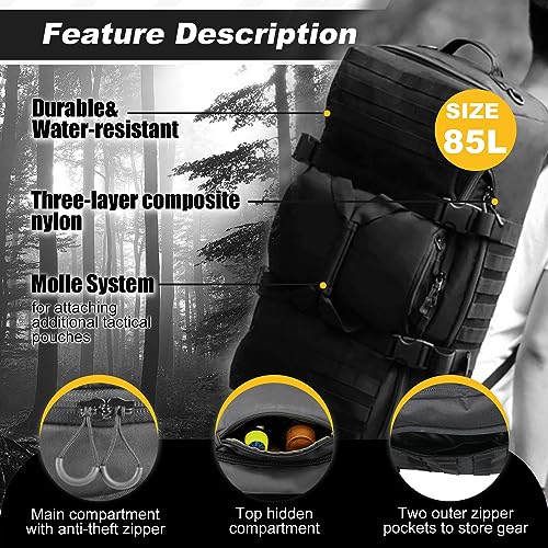 3 In 1 Tactical 85L Military Backpack Travel Duffle Bag for Weekender Gym Workout Deployment
