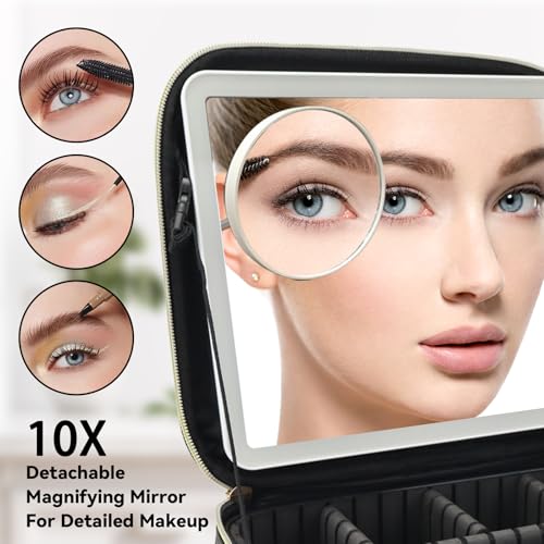 Travel Makeup Bag with LED Mirror and 10x magnifying glass with 3 Lighted Settings
