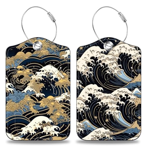 Japanese Art Blue and White Waves Set of 2 Luggage Tags for Suitcases Leather Suitcase Tags Identifiers with Privacy Name Label and Stainless Steel Loop for Women Men Travel Luggage Accessories (2 Count)