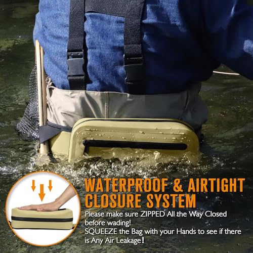 Waterproof Fishing Fanny Pack for Men 3.3L Fly Fishing Bag Chest Pack with Airtight Zipper Khaki
