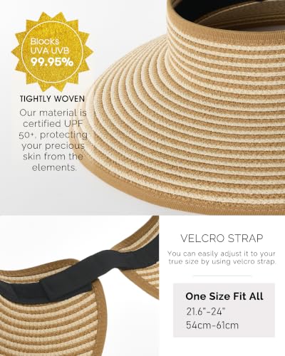 Womens Sun Hat with Ponytail Hole Wide Brim Beach Straw Visor