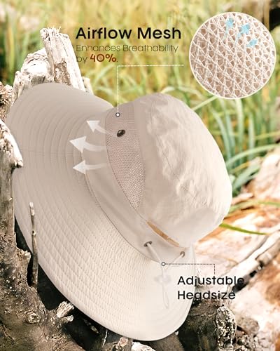 Womens Sun Hat with Ponytail Hole Beach Hiking Summer Wide Brim UPF 50+ Outdoor Protection Foldable Bucket Hat Beige