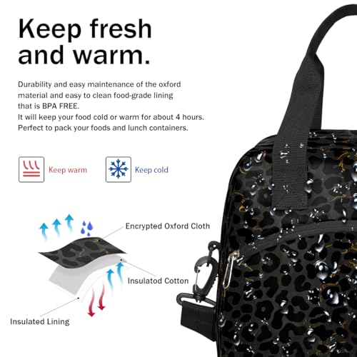 Black Leopard Cheetah Insulated Lunch Bag for Women Girl Reusable Lunch Tote Box With Shoulder Strap Lightweight Thermal Cooler Meal Prep Bag for Work School Office Picnic (B03:black Leopard)