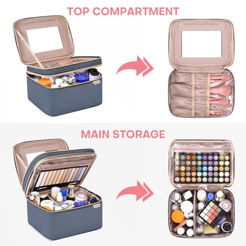 Large Makeup Bag with Mirror Double Layer Travel Make Up Organizer Case