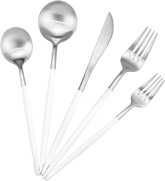 Gugrida 20-Piece 18/10 Stainless Steel Flatware Silverware, Luxury Dinnerware Set Travel Cutlery Tableware Include Knife Fork Spoon Service for 4, Dishwasher Safe (White Handle Matte Silver)