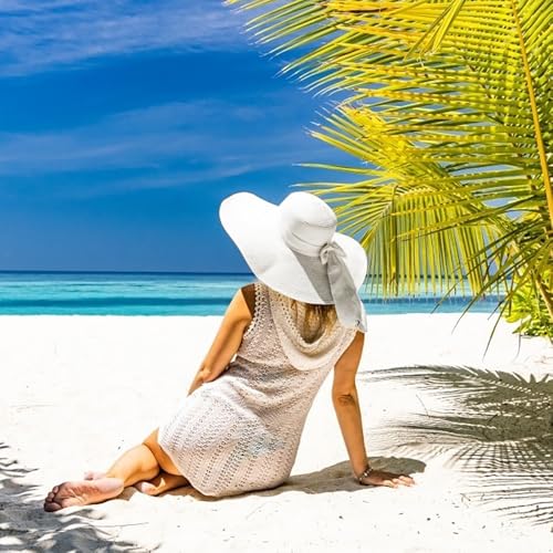 Womens Big Bowknot Straw Hat Foldable Sun Hats Floppy Beach Hat Large Roll up Cap UPF 50+