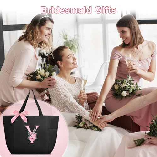 Tote Bag, A-Z Initial Monogrammed Waterproof Tote Bag, Bridesmaid Gifts for Women, Black and Pink (Y, Black)
