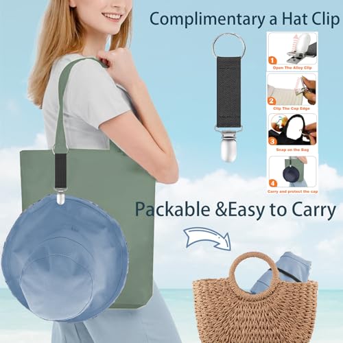 Womens Sun Hats Wide Brim Reversible Bucket Cotton Hat Packable Summer Travel Cap with Hat Clip