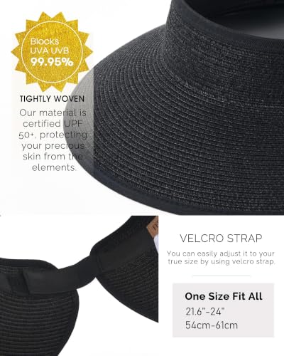 Womens Sun Hat with Ponytail Hole Wide Brim Beach Straw Visor Black