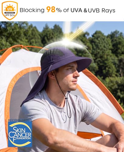 UPF 50+ Wide Brim Mens Sun Hat with Neck Flap Mesh Fishing Hat Wide Flap Summer Beach Bucket Hat for Men Women Navy Blue
