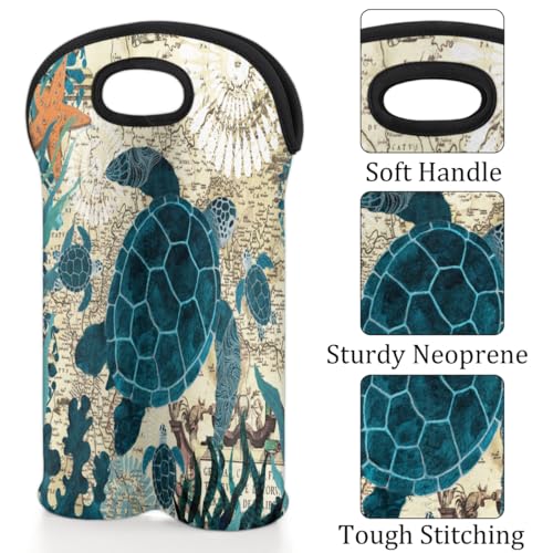 Vintage Sea Turtle 2 Bottle Wine Carrier Tote Bag Insulated Wine Bottles Neoprene Bag with Secure Carry Handle Portable Wine Cooler Bag for Travel Picnic Beach (2 Count)