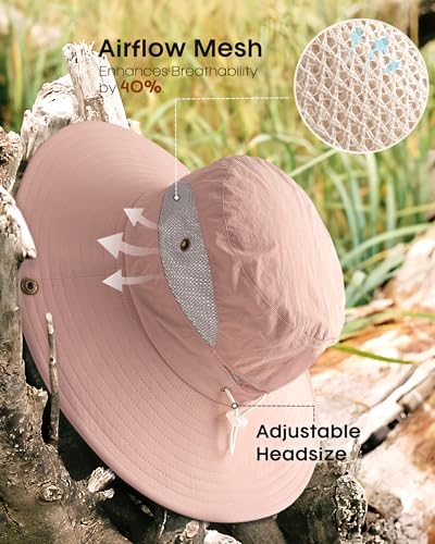 Womens Sun Hat with Ponytail Hole Beach Hiking Summer Wide Brim UPF 50+ Outdoor Protection Foldable Bucket Hat Pink