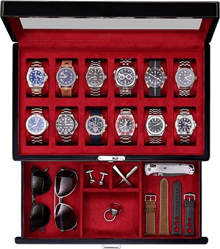 12 Slot Piano Black Watch Box with Valet Drawer