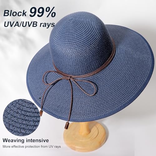 Womens Sun Straw Hat Bowknot Hat Summer Wide Brim Bucket Hats Foldable Beach Sun Hats Roll up UPF 50+