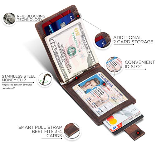 RFID Blocking Slim Bifold Genuine Leather Minimalist Front Pocket Wallets for Men with Money Clip Thin Mens