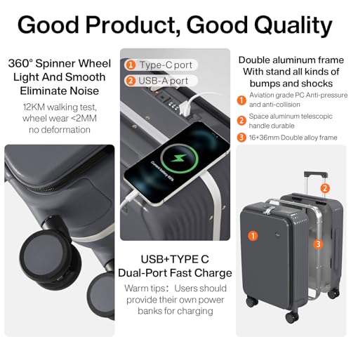 Carry On Luggage with Cup Phone Holder and Charger Hard Shell Suitcases with Spinner Wheels