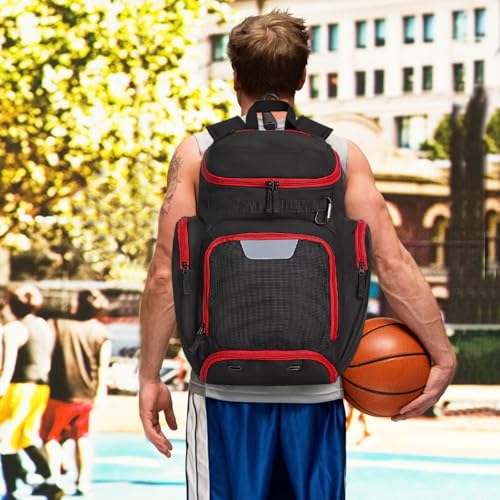 Large Basketball Backpack Sports Gym Bag with Ball Holder Ventilated Shoe Compartment Insulated Cooler Pockets Reflective Strips Fence Hook for Men Athletic Training