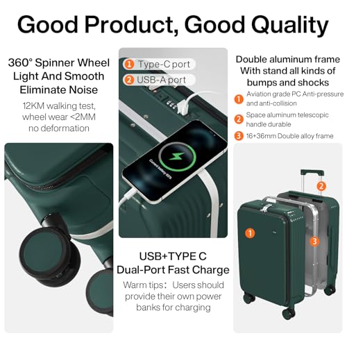Carry On Luggage with Cup Phone Holder and Charger Hard Shell Suitcases with Spinner Wheels