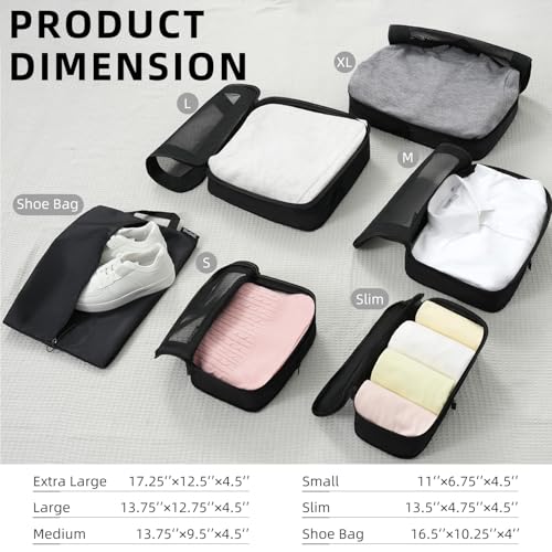 4 Set/6 Set/8 Set Compression Packing Cubes Travel Accessories Expandable Packing Organizers (Square Mesh, 05-Jet Black)