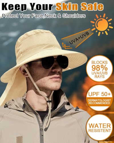 Outdoor Sun Hats with Stowable Neck Flap for Men Women UPF 50+ Mesh Summer Bucket Hat Wide Brim for Fishing Safari Hiking Beige