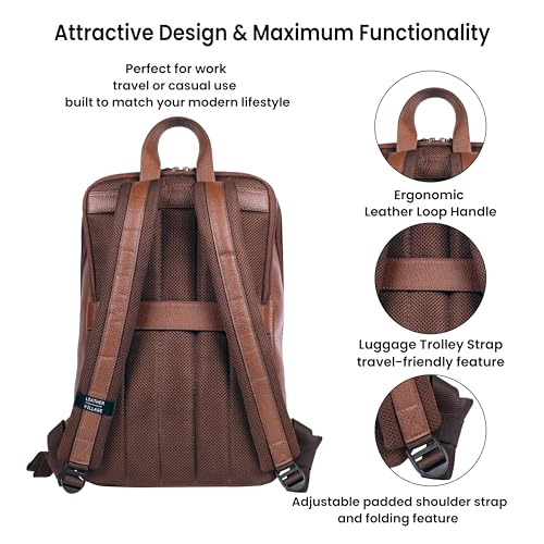 Leather Laptop Backpack for Men with Trolley Strap 16L Slim